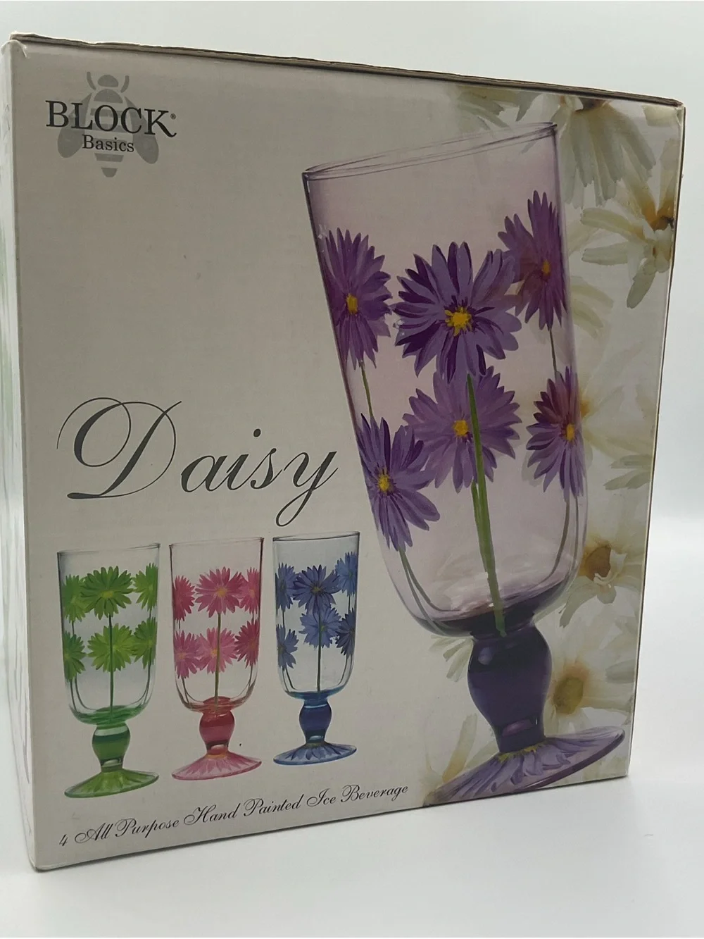 Block Crystal Daisy 4 Hand Painted All Purpose Water Tea Stemmed Glass Goblets